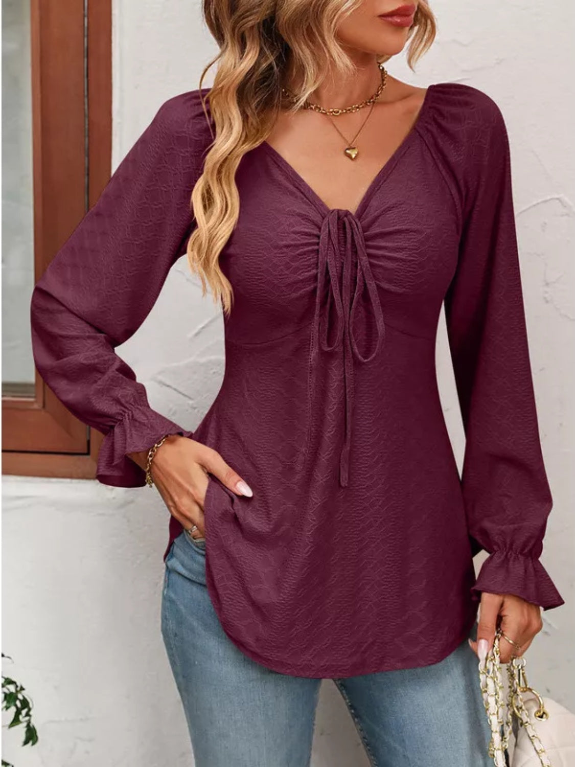 Romantic Ruffle V-Neck Drawstring Blouse - SleekrMe