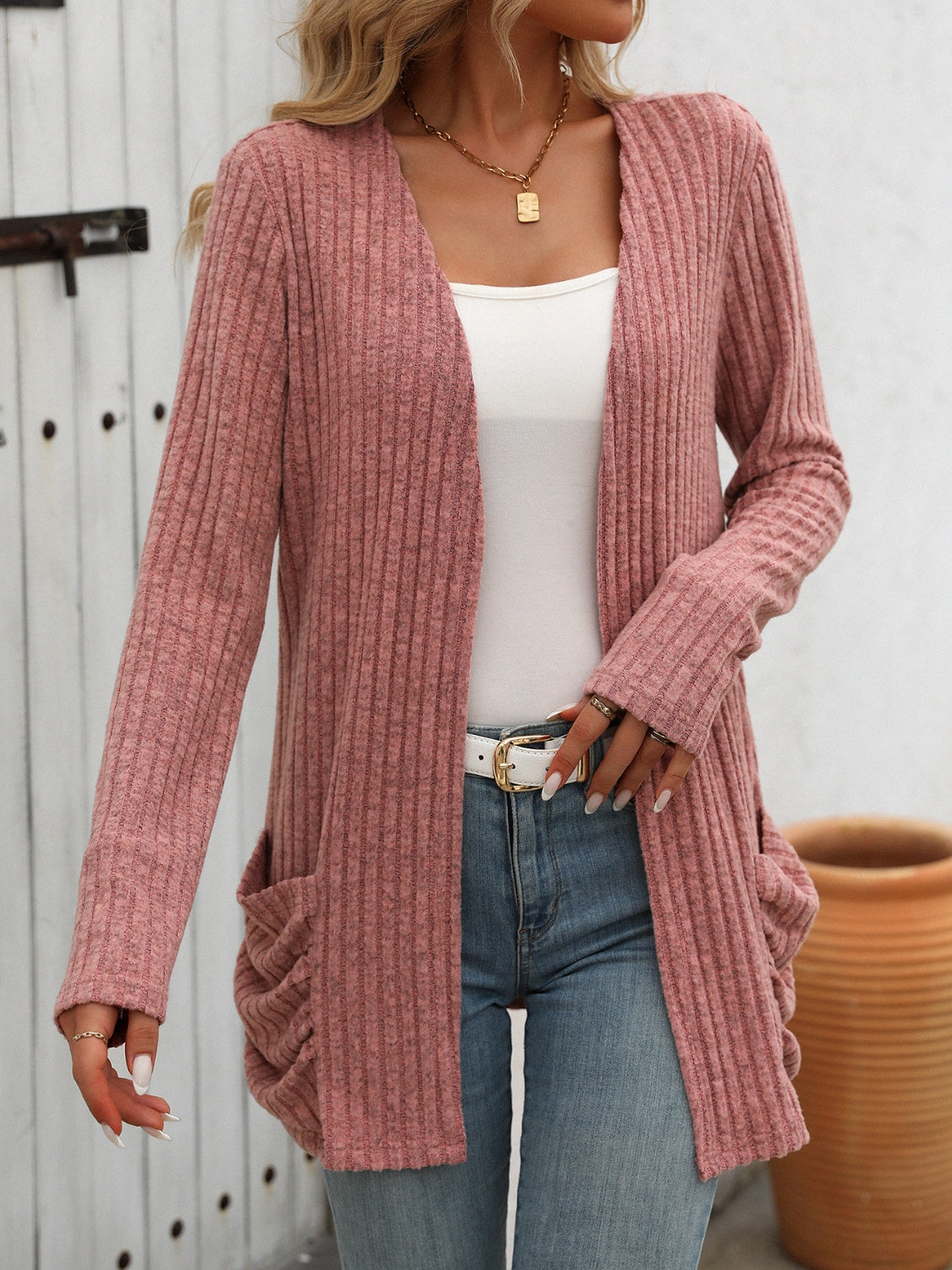 Cozy Ribbed Open-Front Long Sleeve Cardigan - SleekrMe