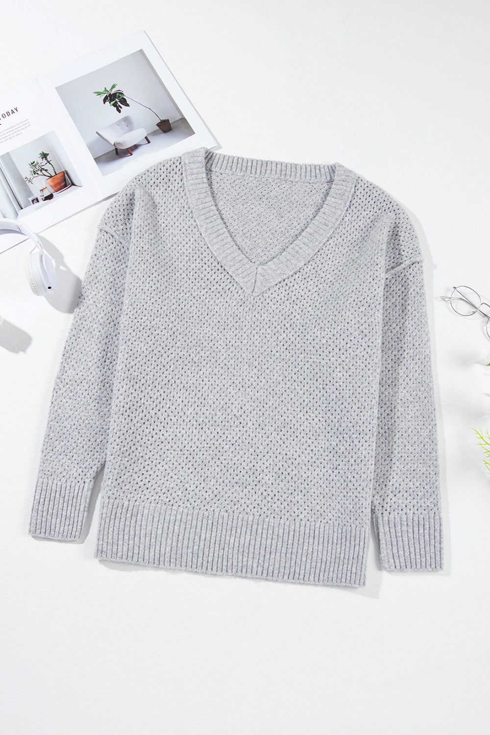 Cozy Charm Openwork V-Neck Sweater - SleekrMe