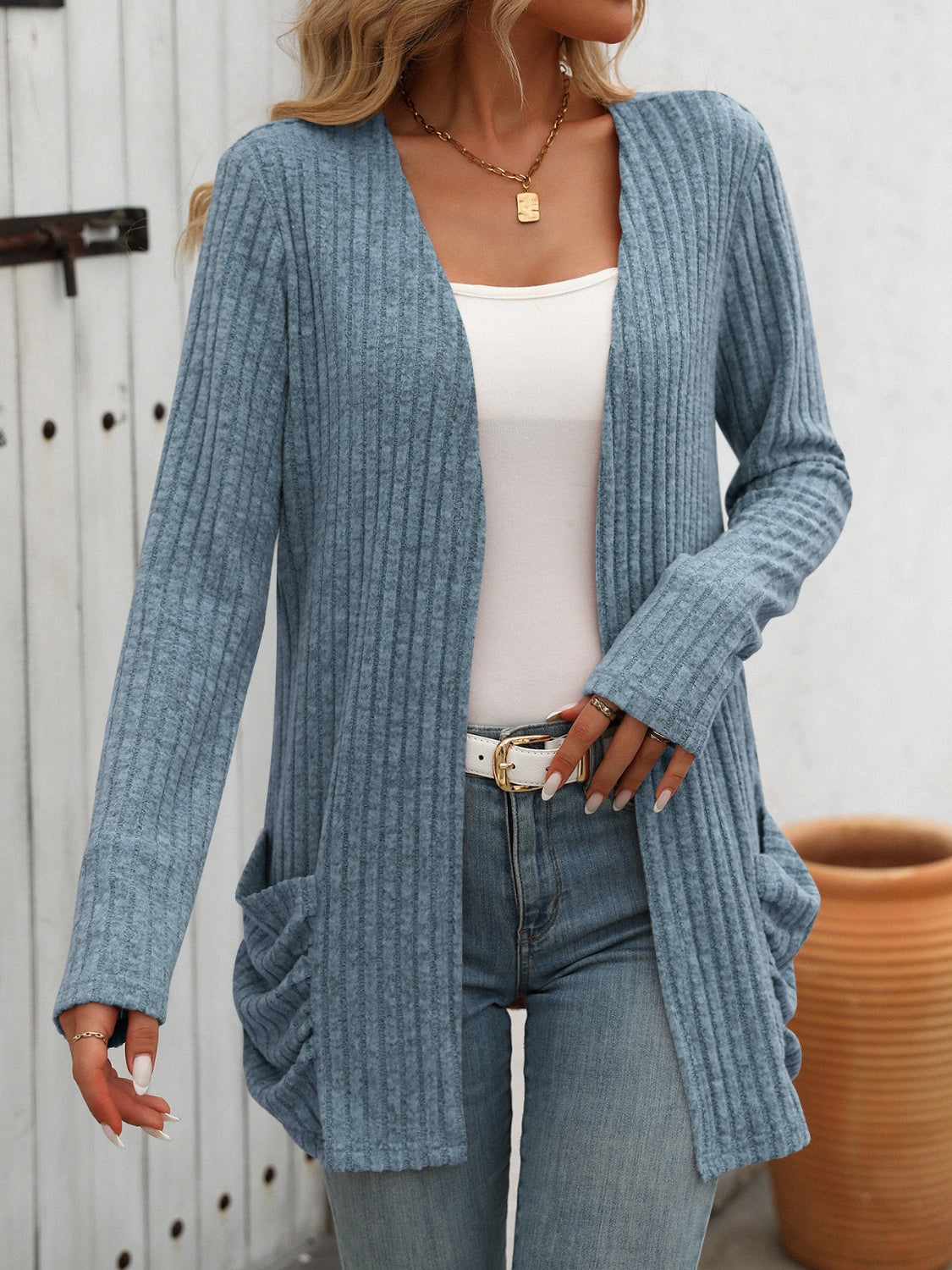 Cozy Ribbed Open-Front Long Sleeve Cardigan - SleekrMe