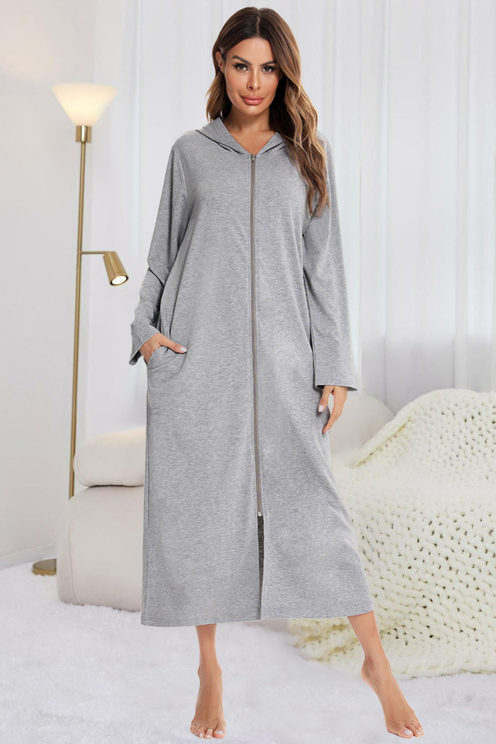 Snuggle-Up Zip Front Hooded Night Dress with Pockets - SleekrMe