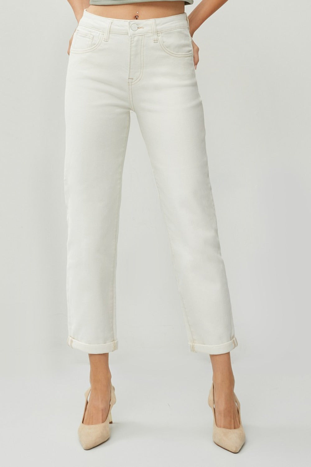 Effortless Chic High-Waist Straight Jeans | Rolled Hem for a Casual Vibe - SleekrMe