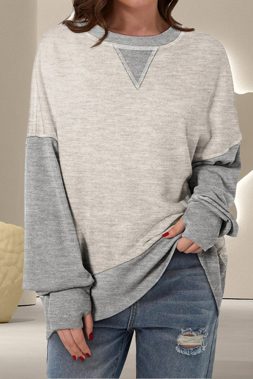 Contrast Chic Round Neck Sweatshirt - SleekrMe