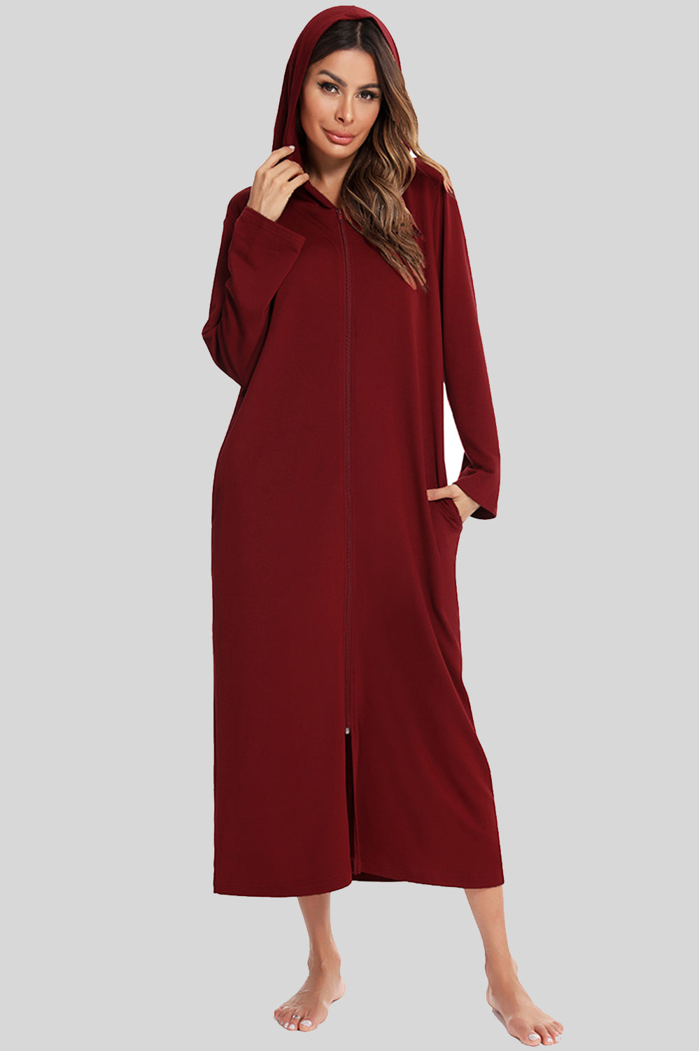 Snuggle-Up Zip Front Hooded Night Dress with Pockets - SleekrMe