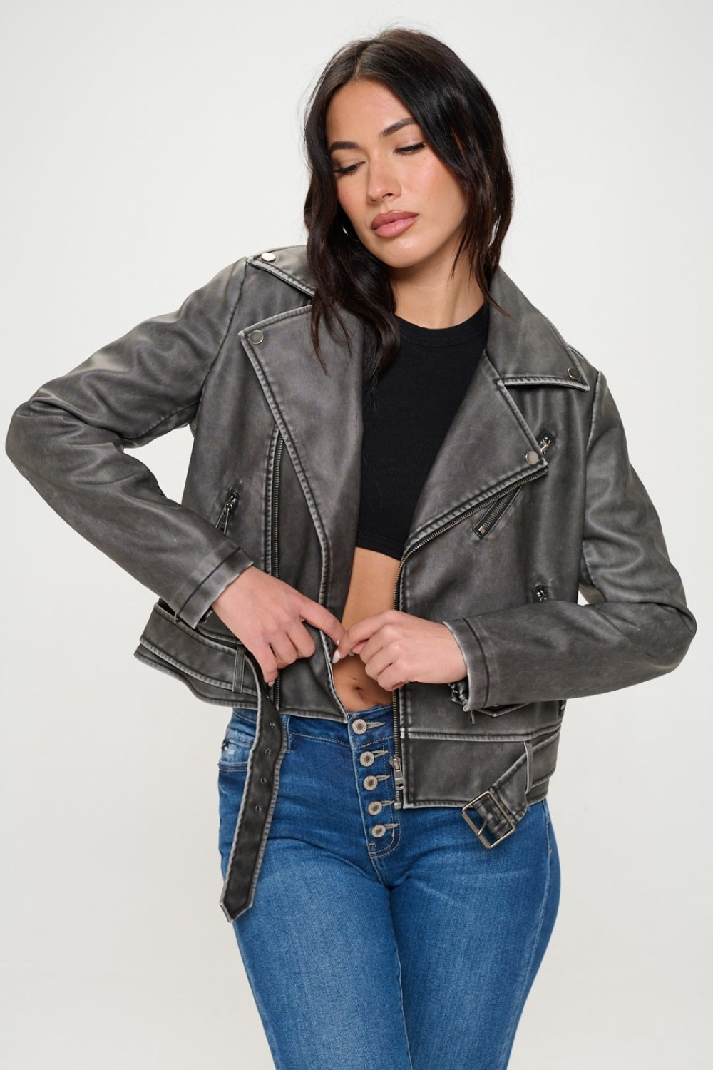 Coalition LA | Edgy Elegance Zip-Up Biker Jacket | Vegan Leather with Belt - SleekrMe